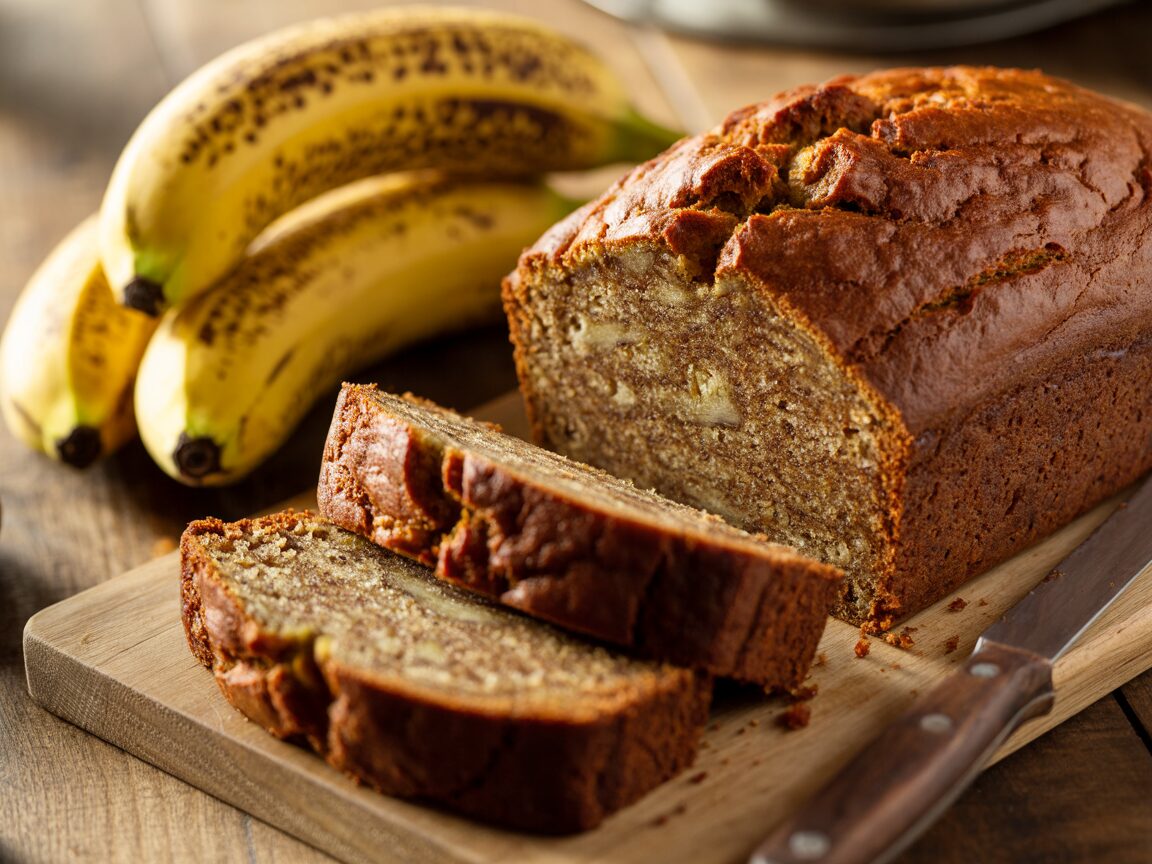 A loaf of banana bread with thick slices cut, beside ripe spotted bananas