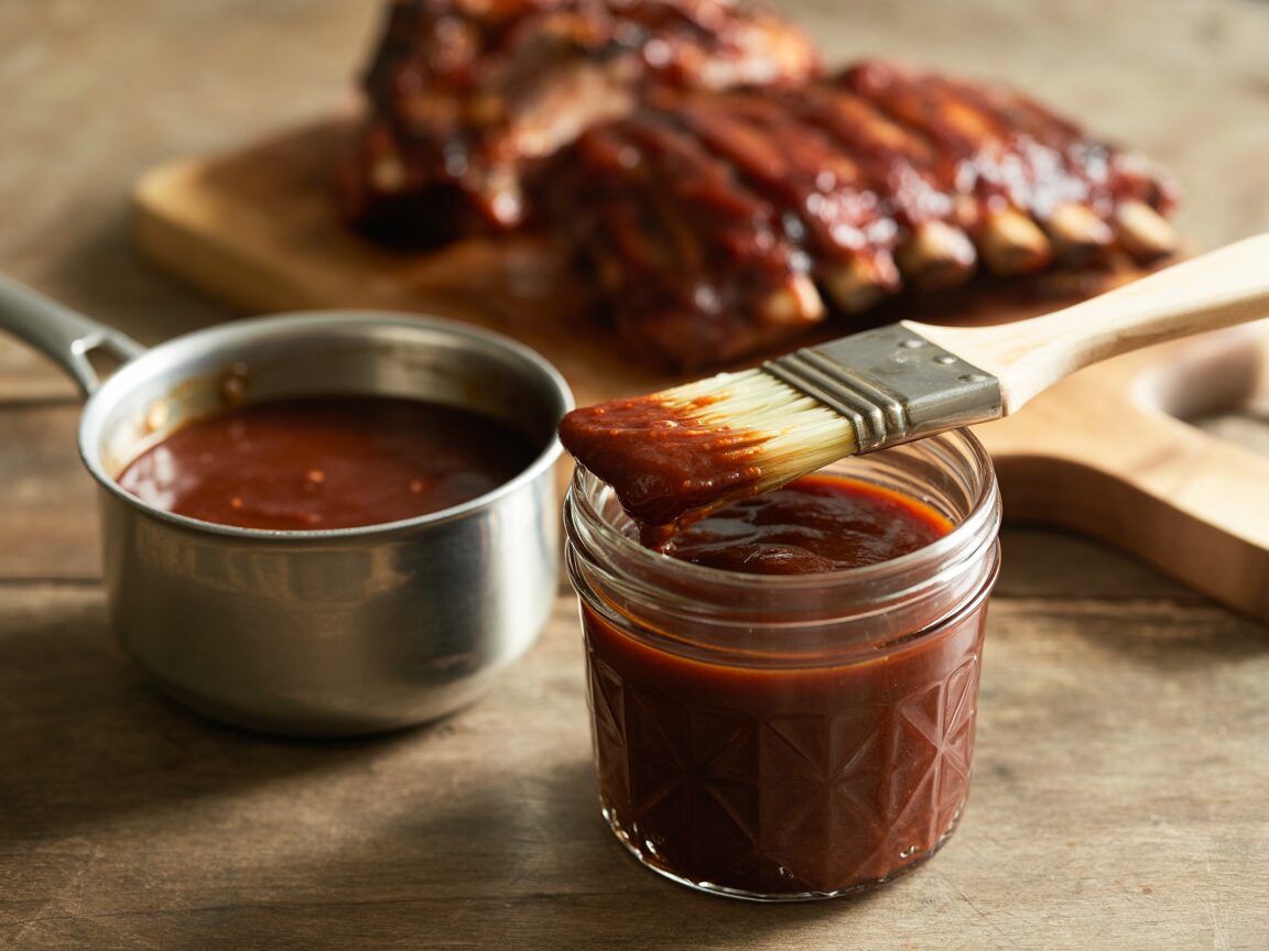 A jar of thick homemade barbecue sauce with a basting brush and glazed ribs behind it