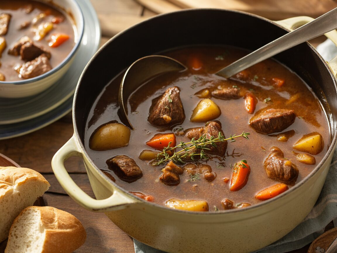 A Dutch oven of beef stew with chunks of beef, potatoes and carrots in a rich gravy