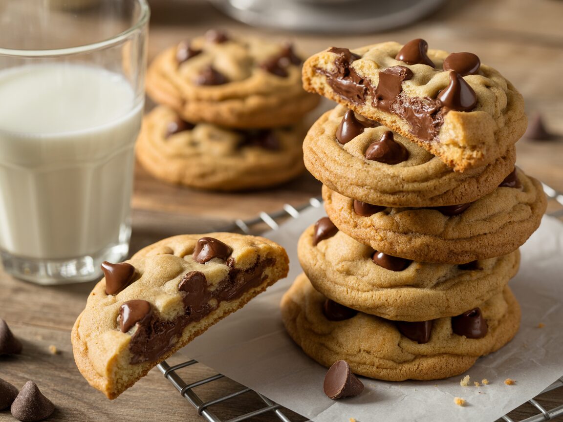 A pile of chewy chocolate chip cookies with one broken in half beside a glass of milk