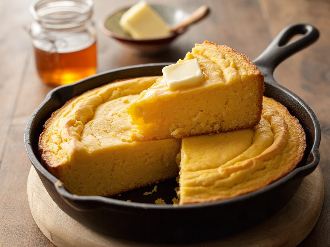Golden cornbread in a cast-iron skillet with one wedge cut out and butter melting on top