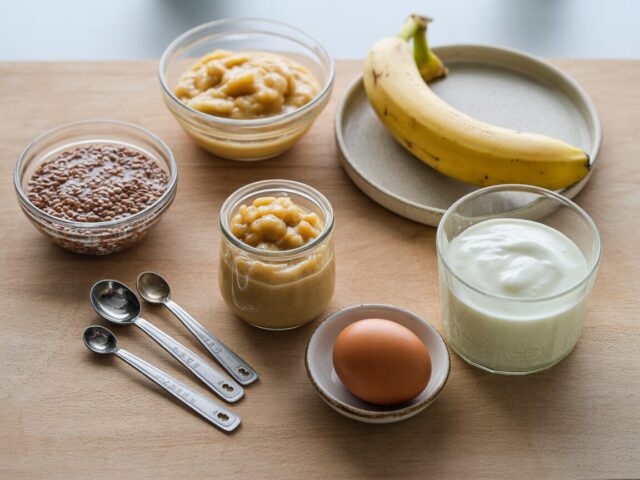 Common egg substitutes in small bowls, including a flax egg, applesauce, mashed banana, whipped aquafaba and yogurt, next to one whole egg