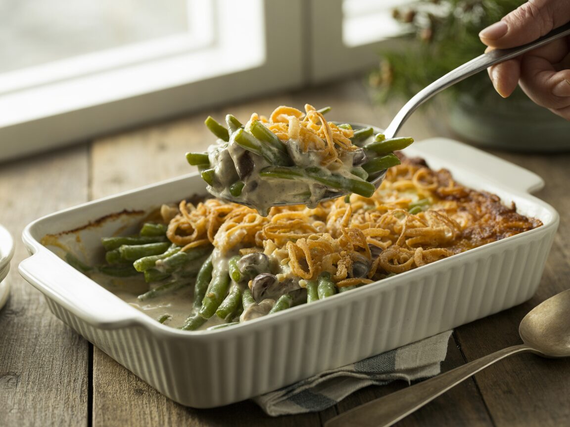Green bean casserole in a white baking dish topped with golden crispy fried onions