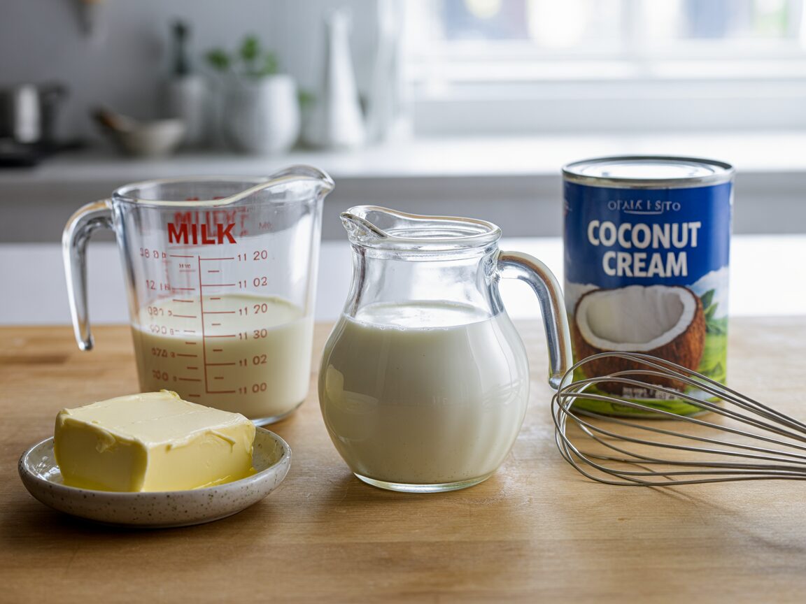 A pitcher of cream beside milk, melted butter, cream cheese and coconut cream on a kitchen counter