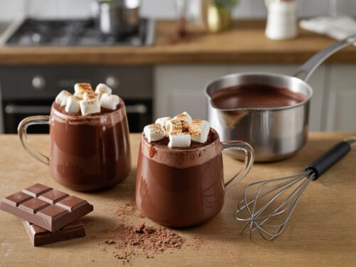 Two mugs of homemade hot chocolate topped with marshmallows beside a saucepan and chopped chocolate