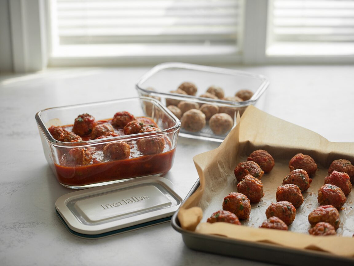 Leftover meatballs in sauce in a shallow glass container beside a tray of meatballs ready to freeze