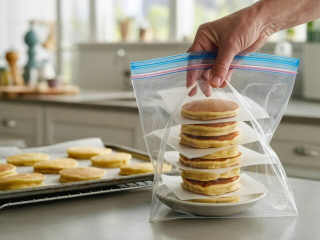 A stack of pancakes layered with parchment going into a freezer bag, more pancakes cooling on a rack