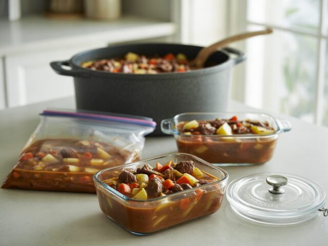 Leftover beef stew portioned into shallow glass storage containers beside a freezer bag of stew
