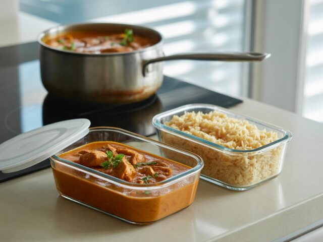 Leftover chicken curry and rice in separate glass storage containers, with curry reheating in a saucepan behind them