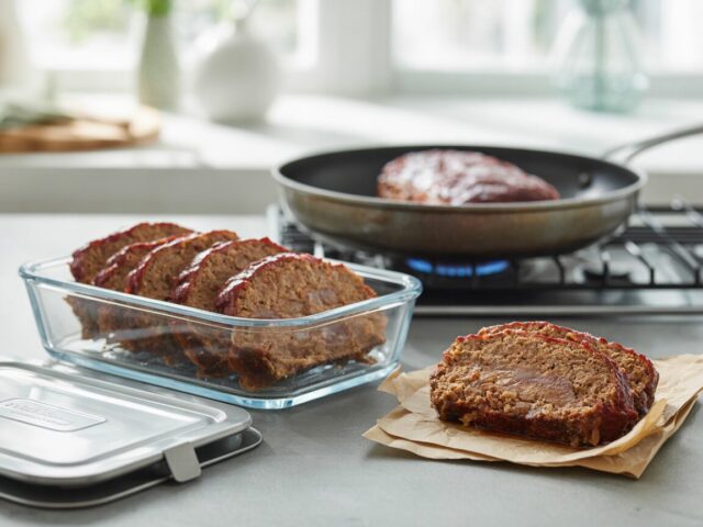 Slices of leftover meatloaf in a shallow glass storage container, with a slice reheating in a skillet behind it