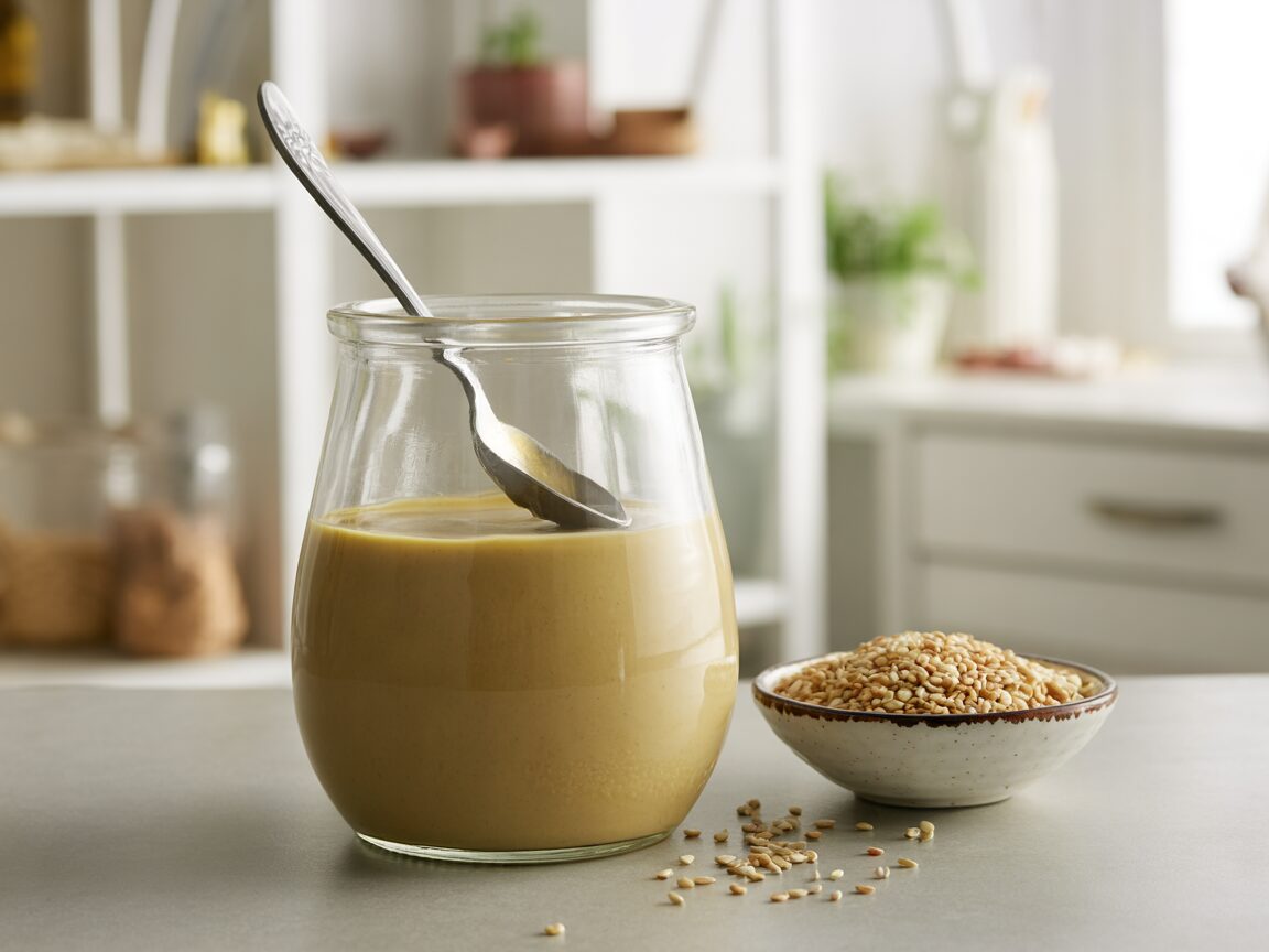An open jar of tahini with oil on top and a clean spoon, beside toasted sesame seeds