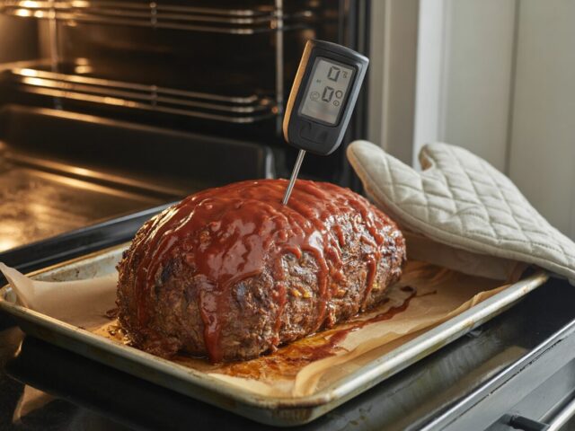 A browned, glazed meatloaf on a baking sheet with an instant-read thermometer in the center