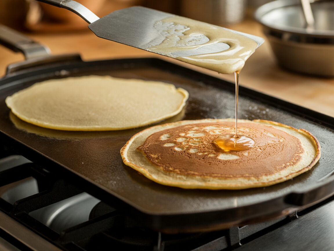 Pancakes on a griddle with popped bubbles and a spatula lifting one to show the golden underside