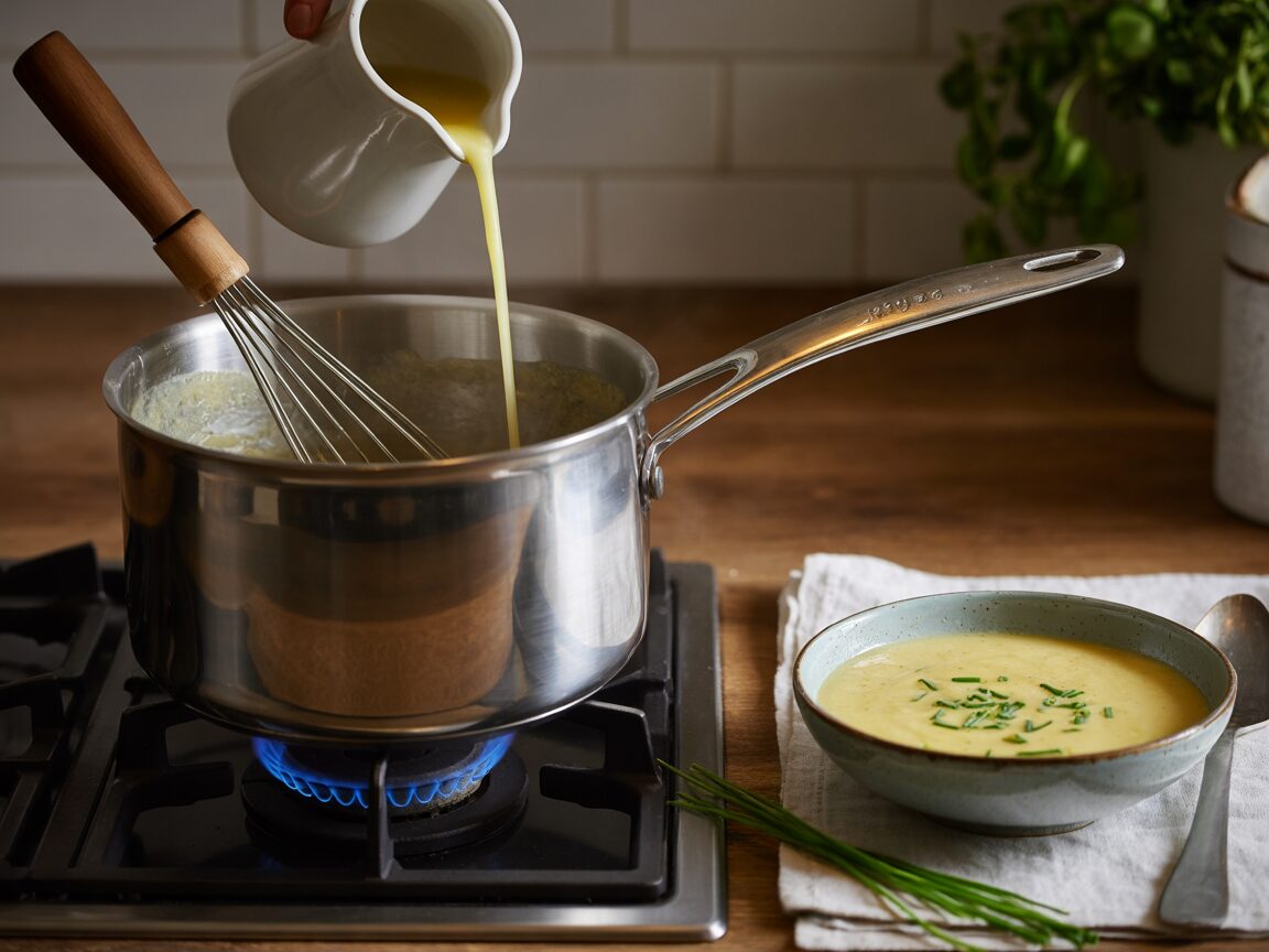 Warm broth being whisked into a saucepan of thick potato soup on the stove