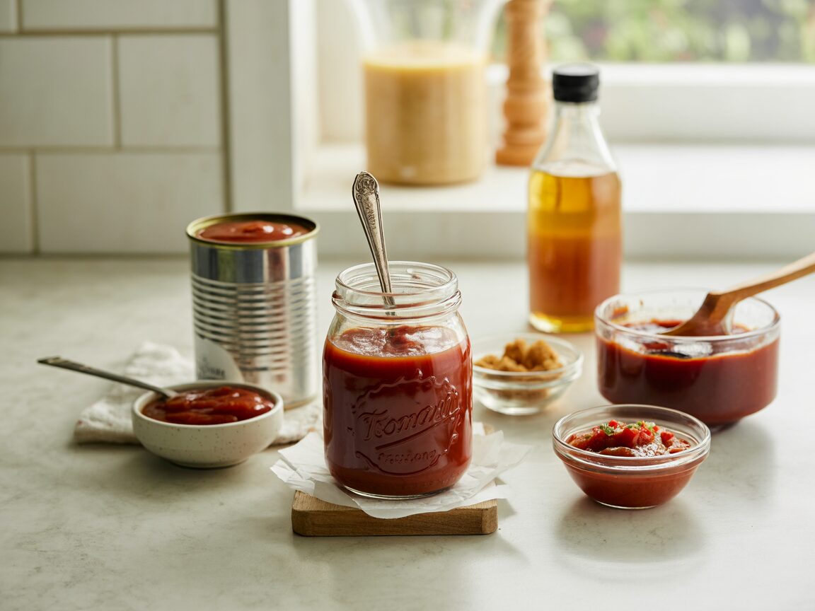 A jar of homemade ketchup with tomato paste, brown sugar, vinegar, barbecue sauce and salsa