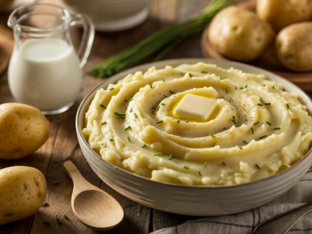 A bowl of creamy mashed potatoes with melting butter and chives