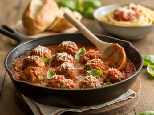 Homemade baked meatballs in marinara sauce with Parmesan and basil in a skillet