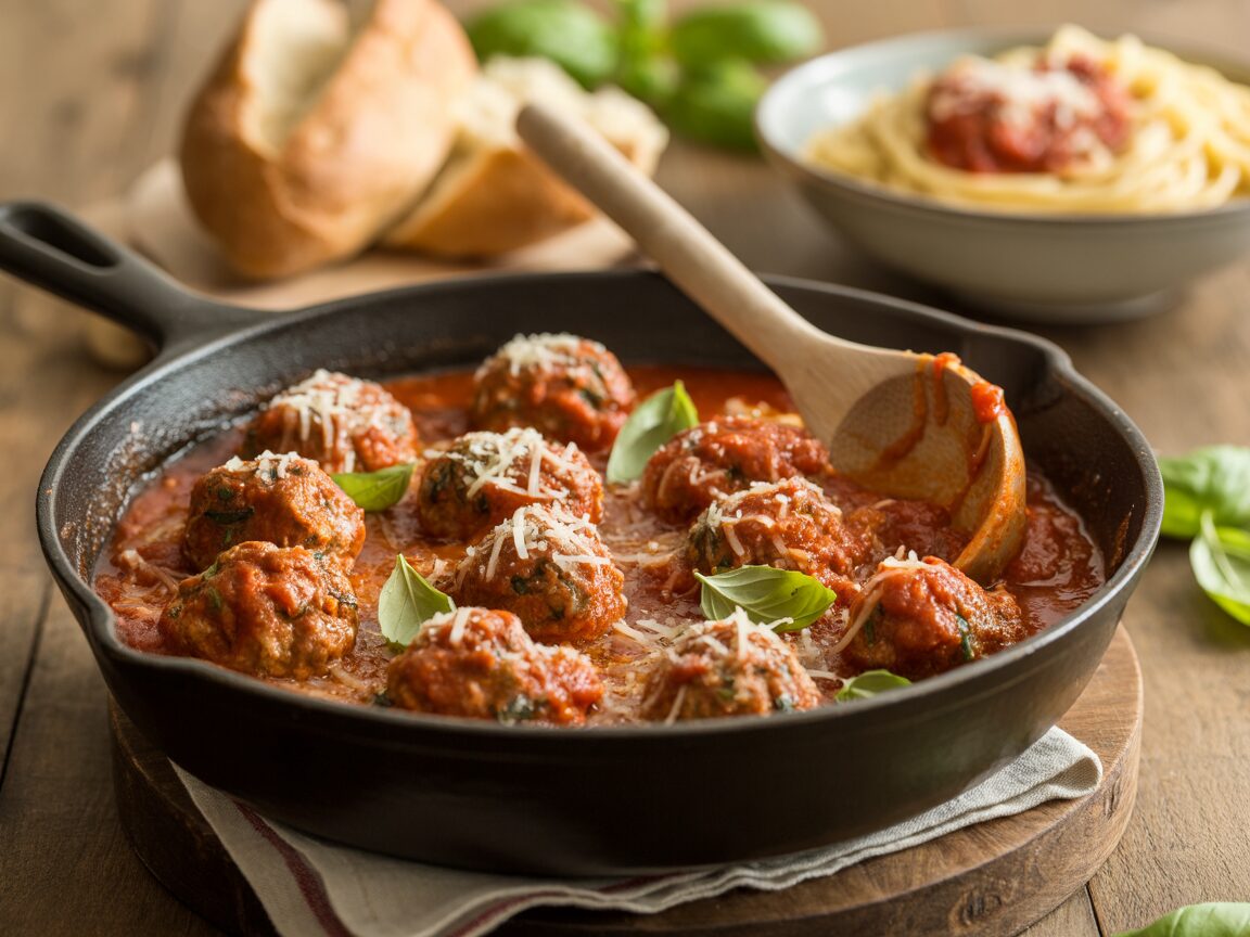 Homemade baked meatballs in marinara sauce with Parmesan and basil in a skillet