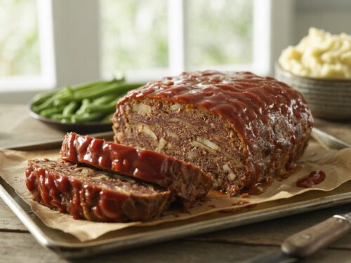 Glazed meatloaf on a baking sheet with three thick slices cut to show the tender inside