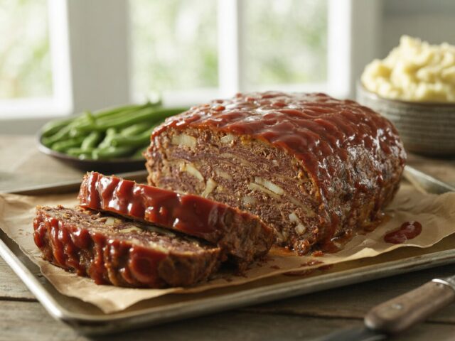 Glazed meatloaf on a baking sheet with three thick slices cut to show the tender inside