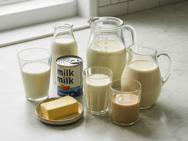 Milk substitutes on a counter, including evaporated milk, powdered milk, heavy cream, oat milk, soy milk and butter