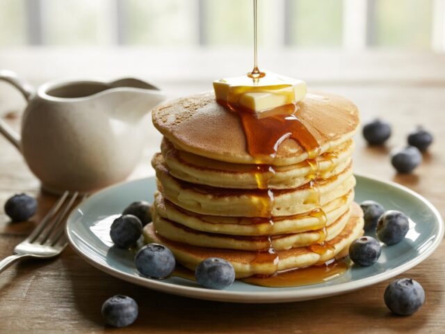A tall stack of fluffy pancakes with melting butter, maple syrup and blueberries