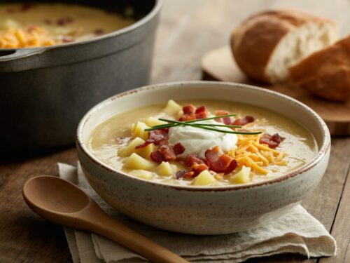 A bowl of creamy potato soup topped with bacon, cheddar, sour cream and chives