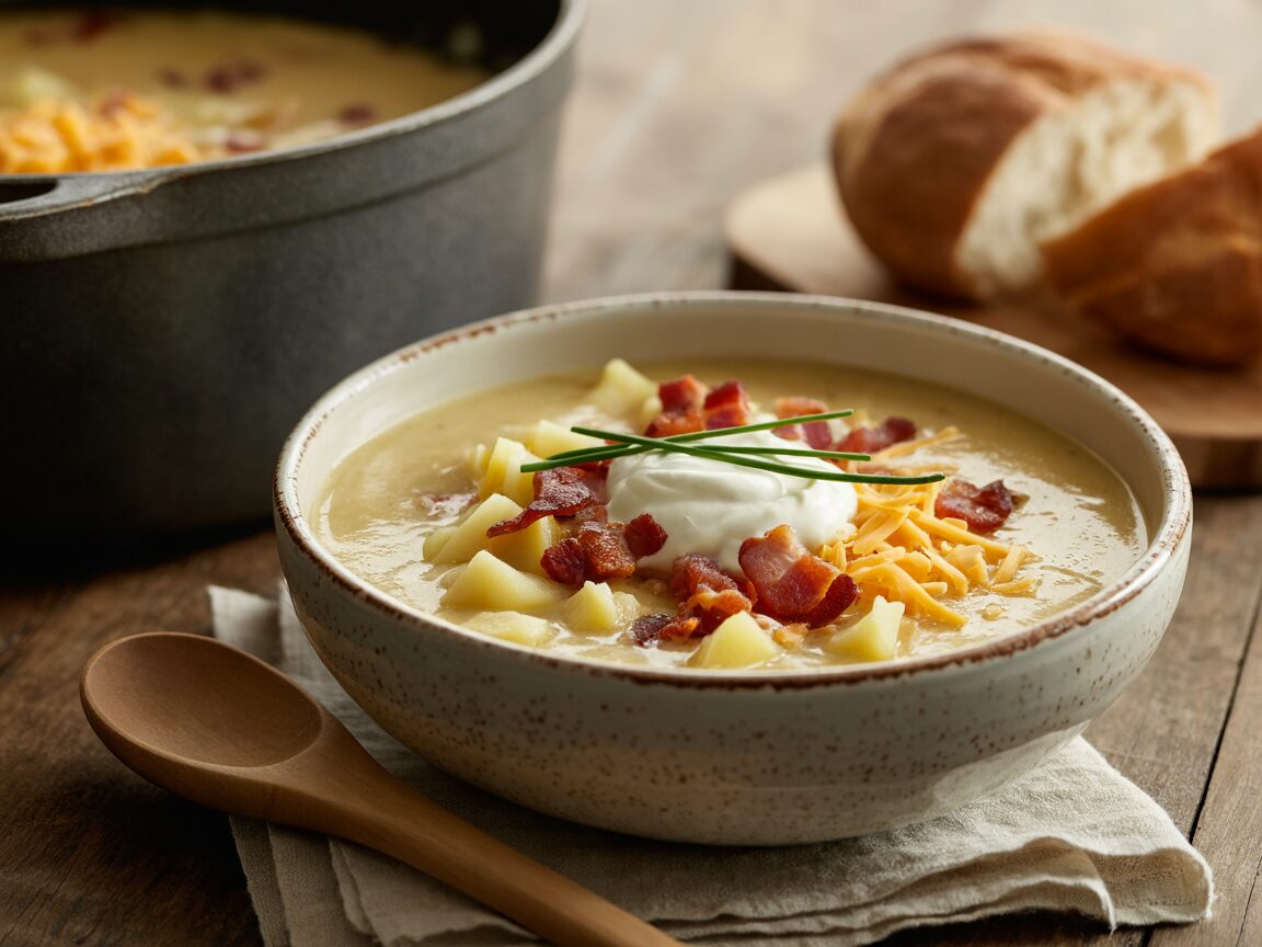 A bowl of creamy potato soup topped with bacon, cheddar, sour cream and chives