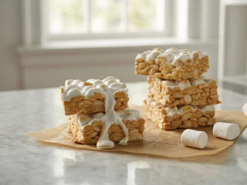 Thick, soft rice krispie treat squares on parchment with one square pulled apart to show stretchy marshmallow