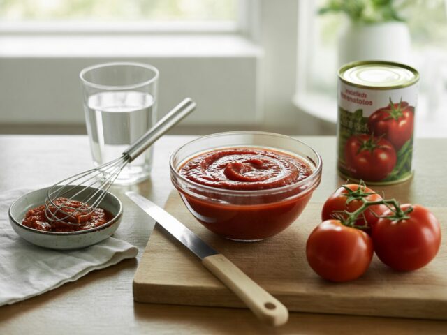 A bowl of smooth tomato puree beside tomato paste, a whisk, water and fresh Roma tomatoes