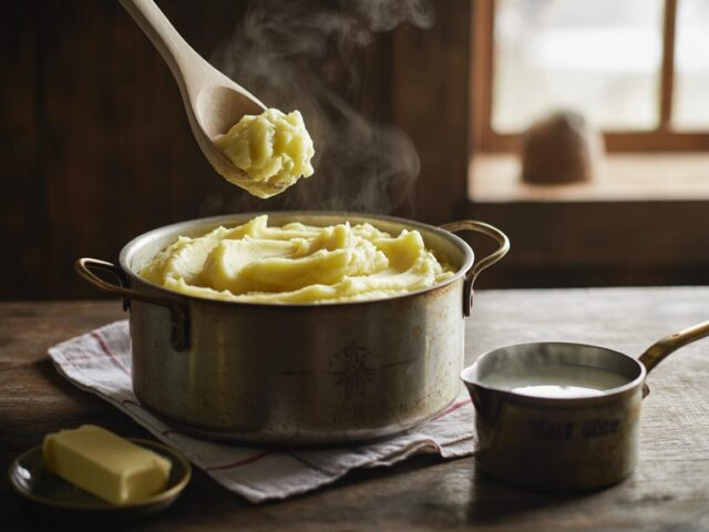 Steaming mashed potatoes in a pot with a spoon lifting a soft mound, warm milk beside it