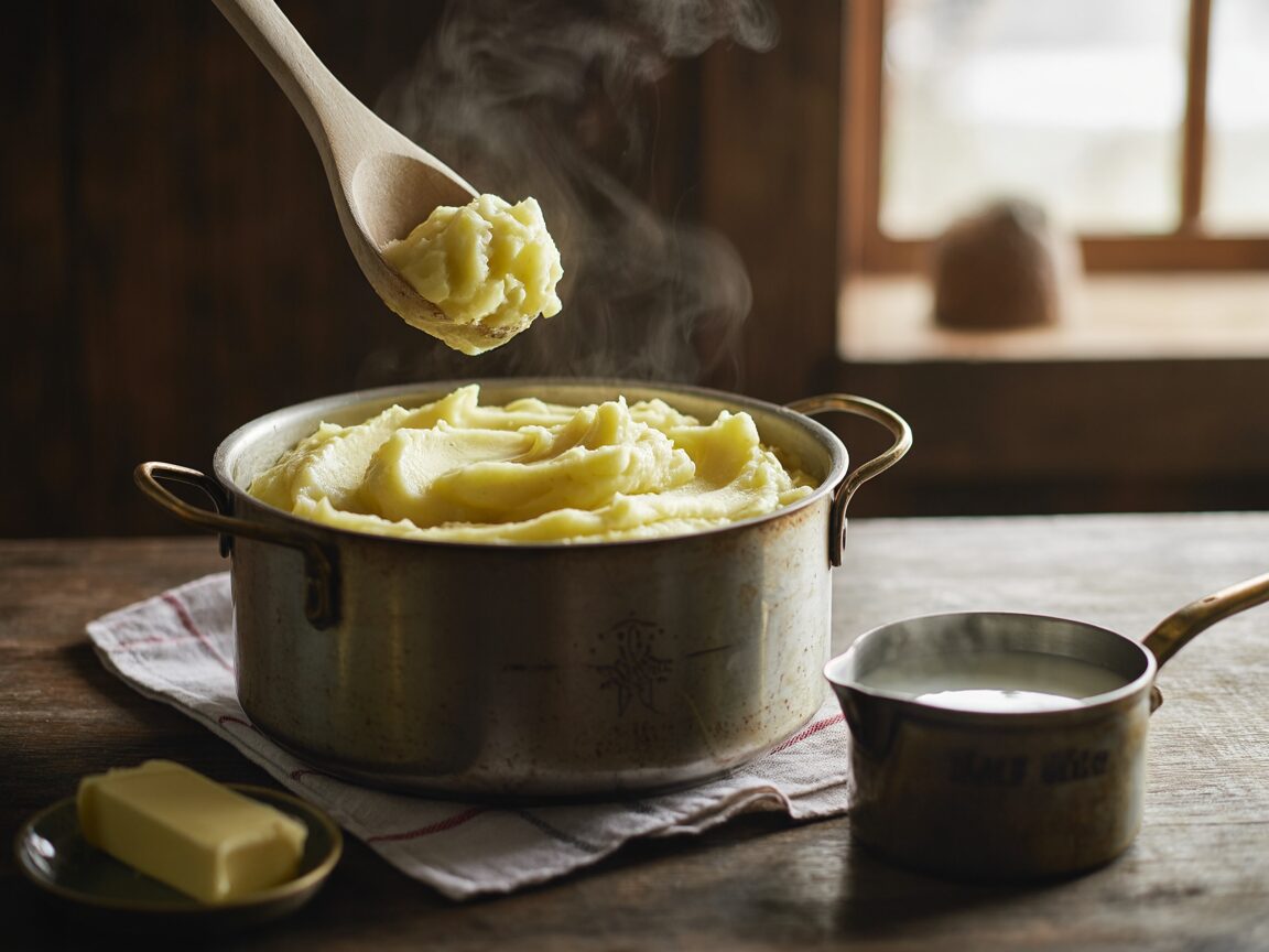 Steaming mashed potatoes in a pot with a spoon lifting a soft mound, warm milk beside it